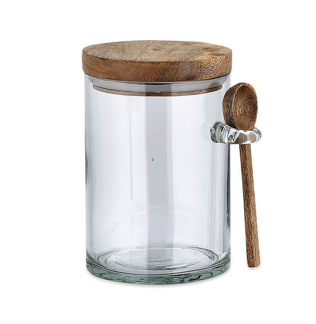 The Nkuku brand uses naturally sourced, and durable materials such as glass, bamboo and metal. Recycled glass jar with mango wood lid, £35, nkuku.com