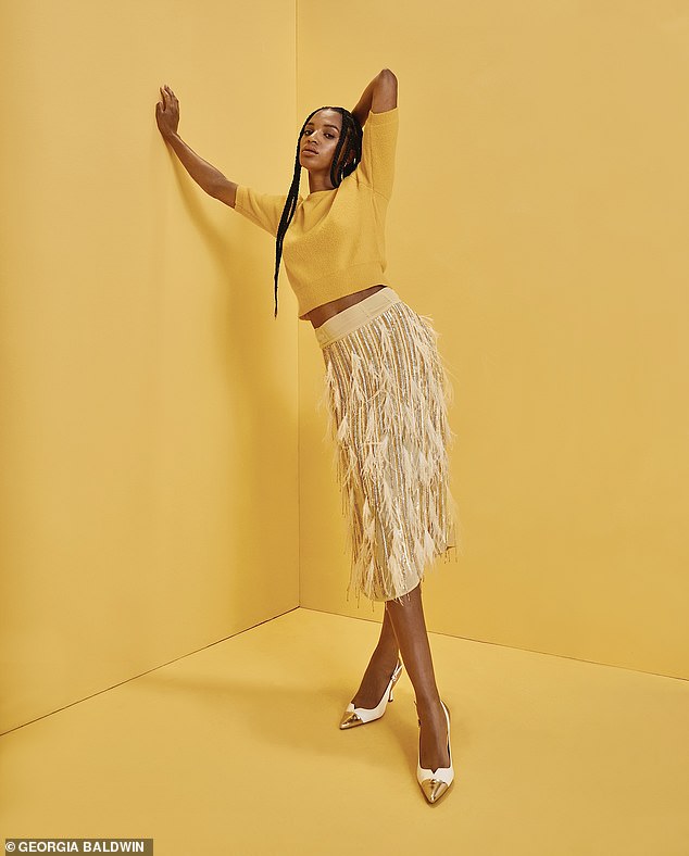 Jumper, £25.99, and skirt with crystals and feathers (limited edition), £349, zara.com. Shoes, £225, camillaelphick.com