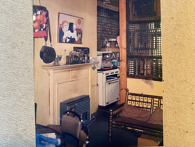 Pictured: The writer's 'weird, American, pot-smoking' parents' quirky and decorated kitchen in the 60s