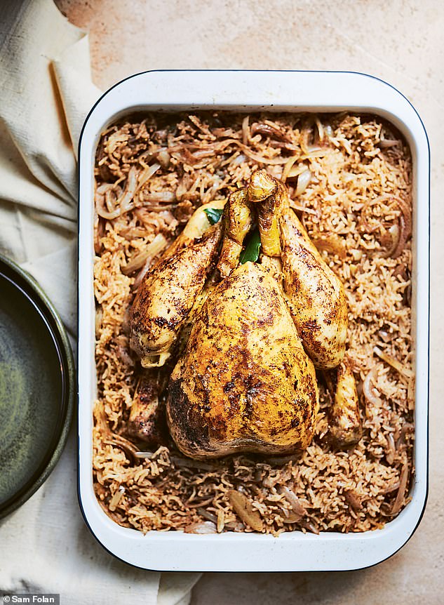 This is a favourite for my family. The whole chicken cooks over the rice, with the spices scenting both to create the most deliciously sticky chicken pilaf