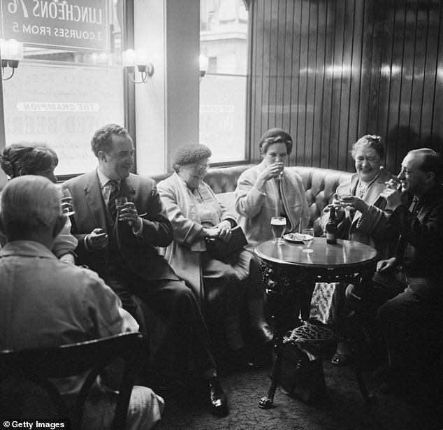 Horsham, Wallingford, Glasgow, Worcester and Bristol, among many other cities and historical centres, were insensitively re-developed. Pictured, drinkers in London in 1962