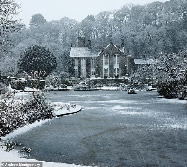 Sleet strikes the lake at Gresgarth Hall, the home of celebrated garden designer Arabella Lennox-Boyd and her husband Sir Mark