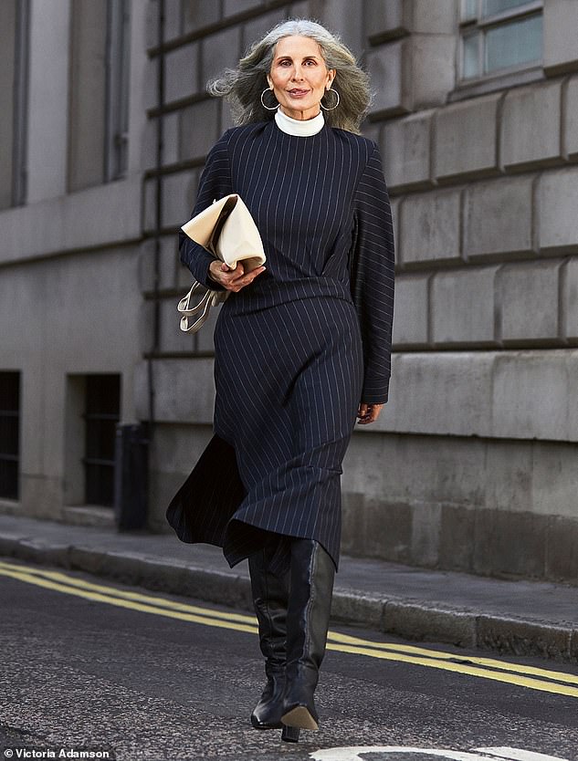 Dress, £95, cos.com. Turtleneck, £29.90, uniqlo.com. Earrings, £195, dowerandhall.com. Bag, £29.99, shop.mango.com. Boots, £345, whistles.com