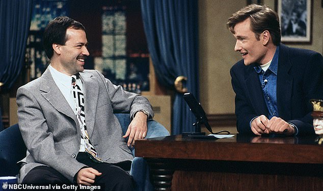 Crossword guru Will Shortz (left) with US TV host Conan O’brien, 1993