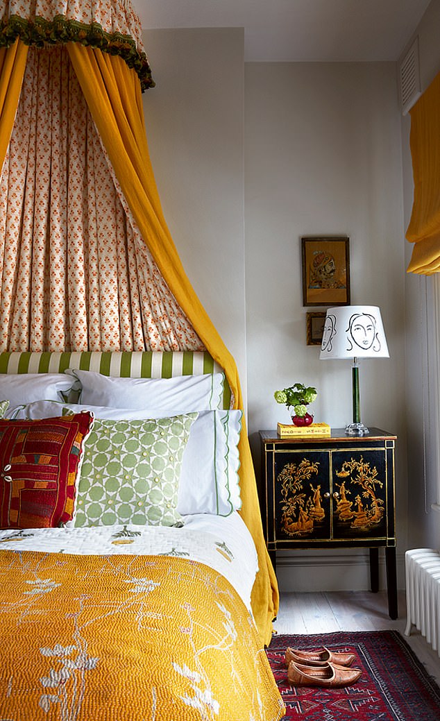 In the bedroom of interior designer Lonika Chande, a dopamine-inducing canopy from Jaipur is paired with yellow linen fabric from theclothshop.net. A silk tassel fringe by samuelandsons.com elevates the look