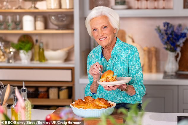 Mary Berry with her Beef and Aubergine Filo Pie in the studio kitchen for Mary Makes It Easy, Oxfordshire
